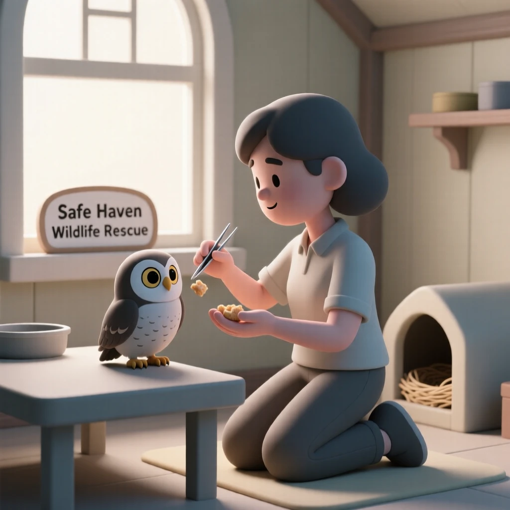 A gentle wildlife rehabilitator feeds a rescued baby owl with tiny tweezers inside a cozy rescue center.