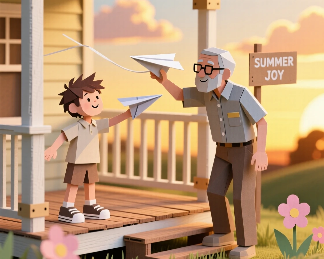A little boy and his grandfather flying paper airplanes off a porch during a golden summer evening, capturing simple joy across generations.