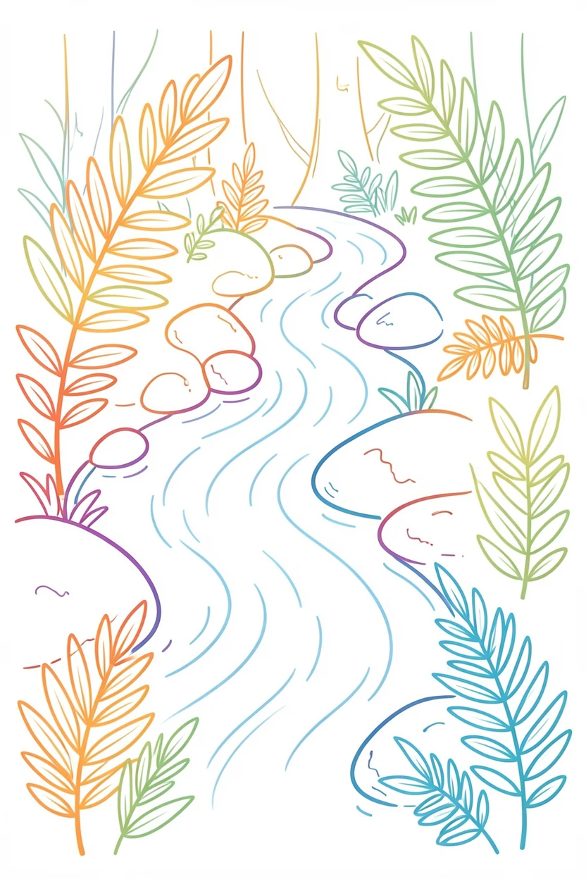 A quiet forest stream tumbling over smooth stones surrounded by ferns.