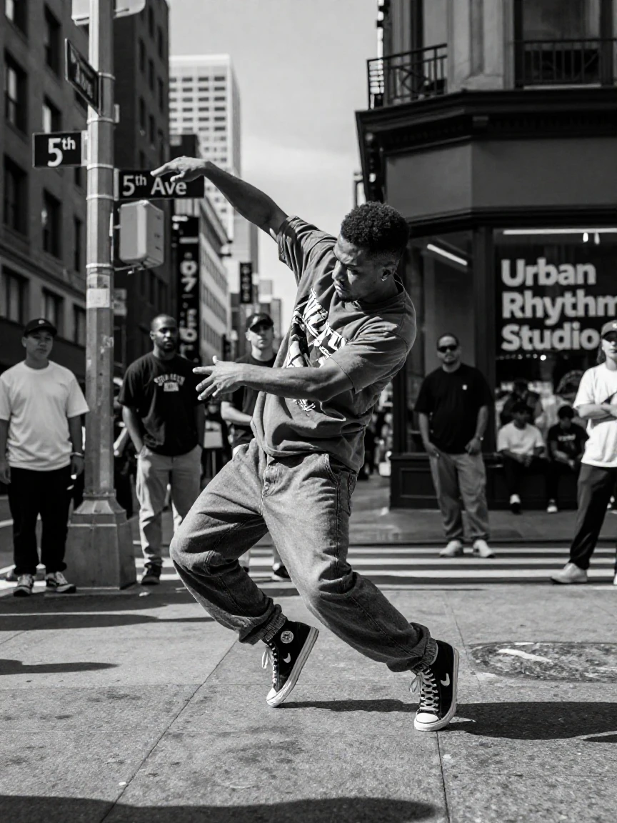 A hip-hop dancer spins through a dazzling routine on a busy city corner.