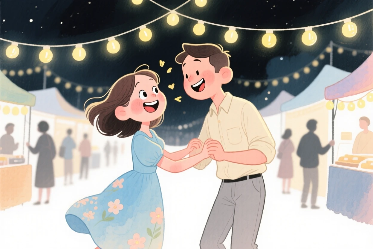 A couple celebrating their anniversary twirling together under string lights at a night market