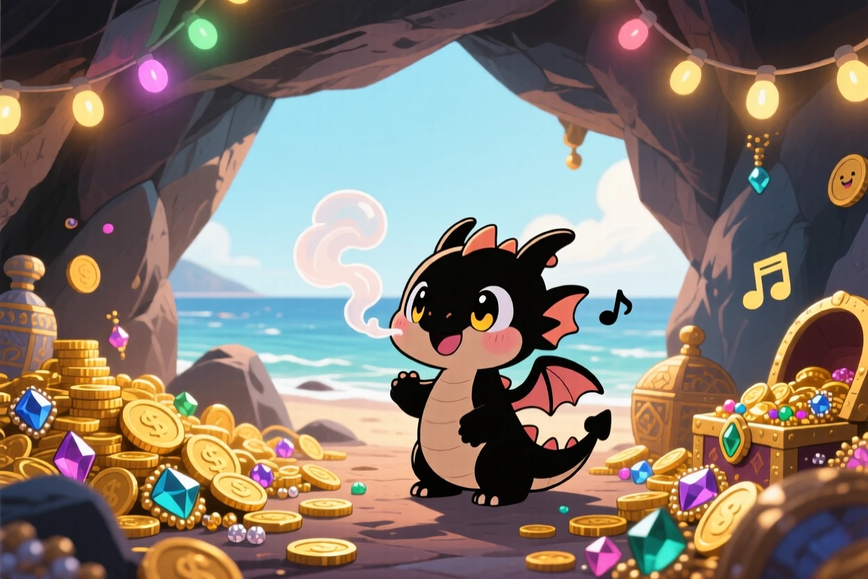 A baby dragon puffing a tiny harmless smoke ring in a treasure-filled mountain cave on a breezy coastal afternoon; glowing string lights washes over the scene as giggling amusement fills the moment. Silhouette composition.