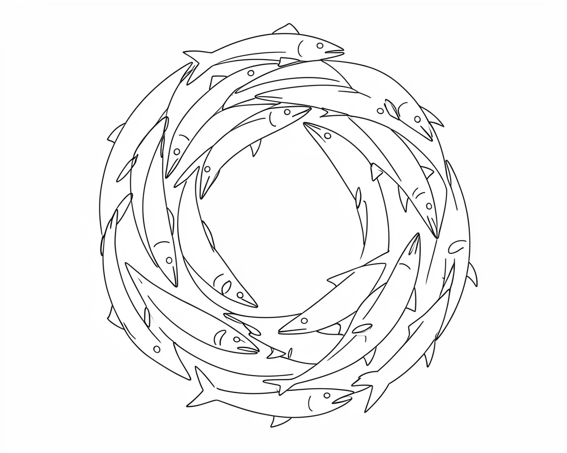 A school of barracuda circling in a tight silver formation