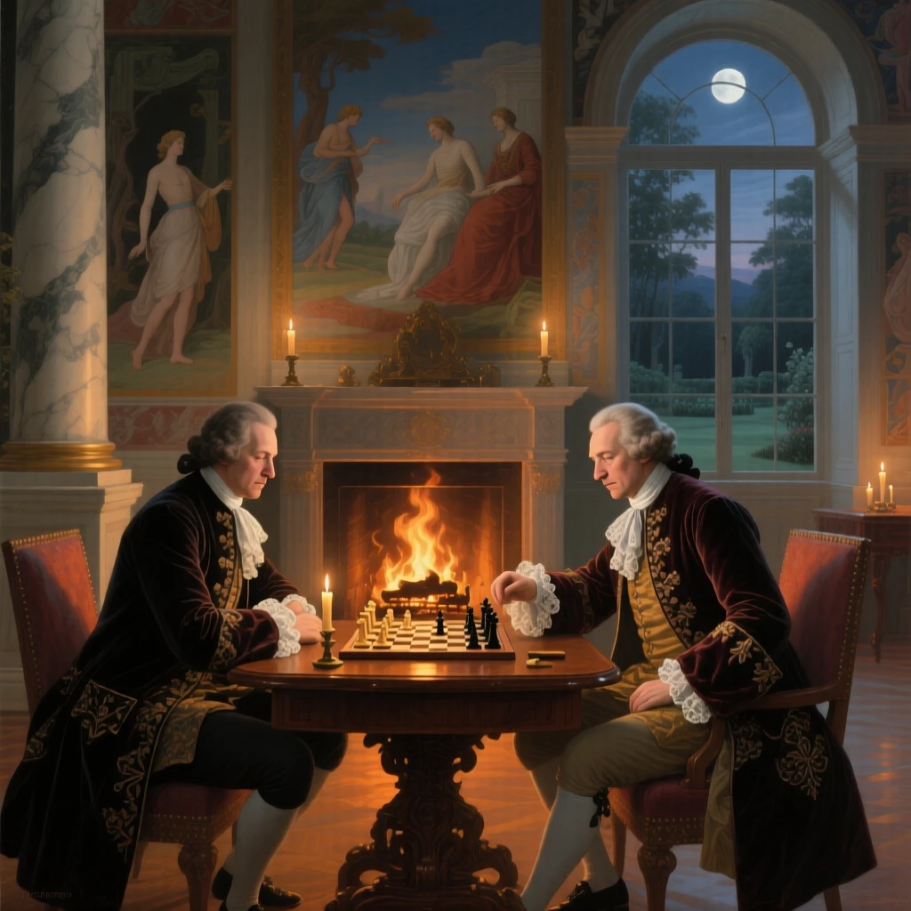 Noblemen playing chess beside a roaring fireplace amid the elegant bustle of a formal evening, set in a frescoed reception hall lined with marble columns, with tall windows revealing a moonlit garden beyond; warm candlelight pools around the principal figures against a cooler backdrop, filled with quiet ceremony and inherited dignity.