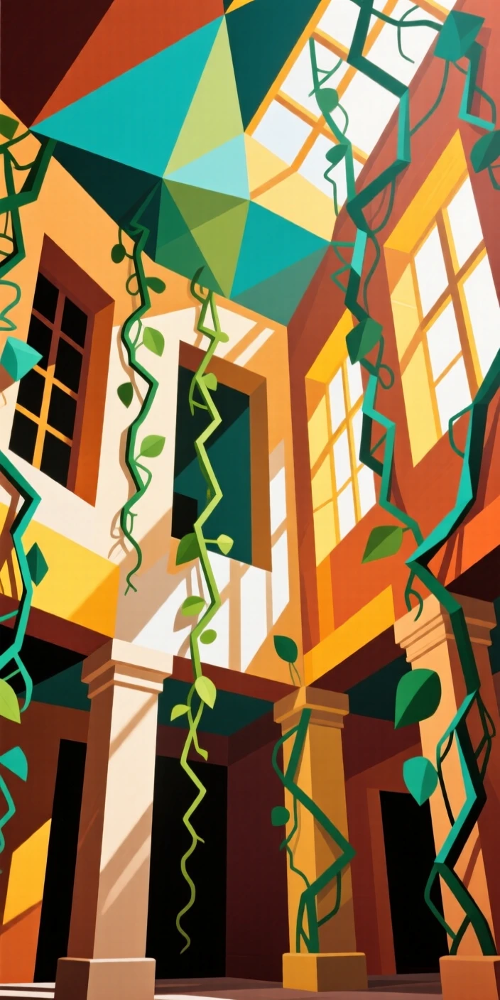 An elegant architectural view of a sunlit atrium filled with hanging vines.