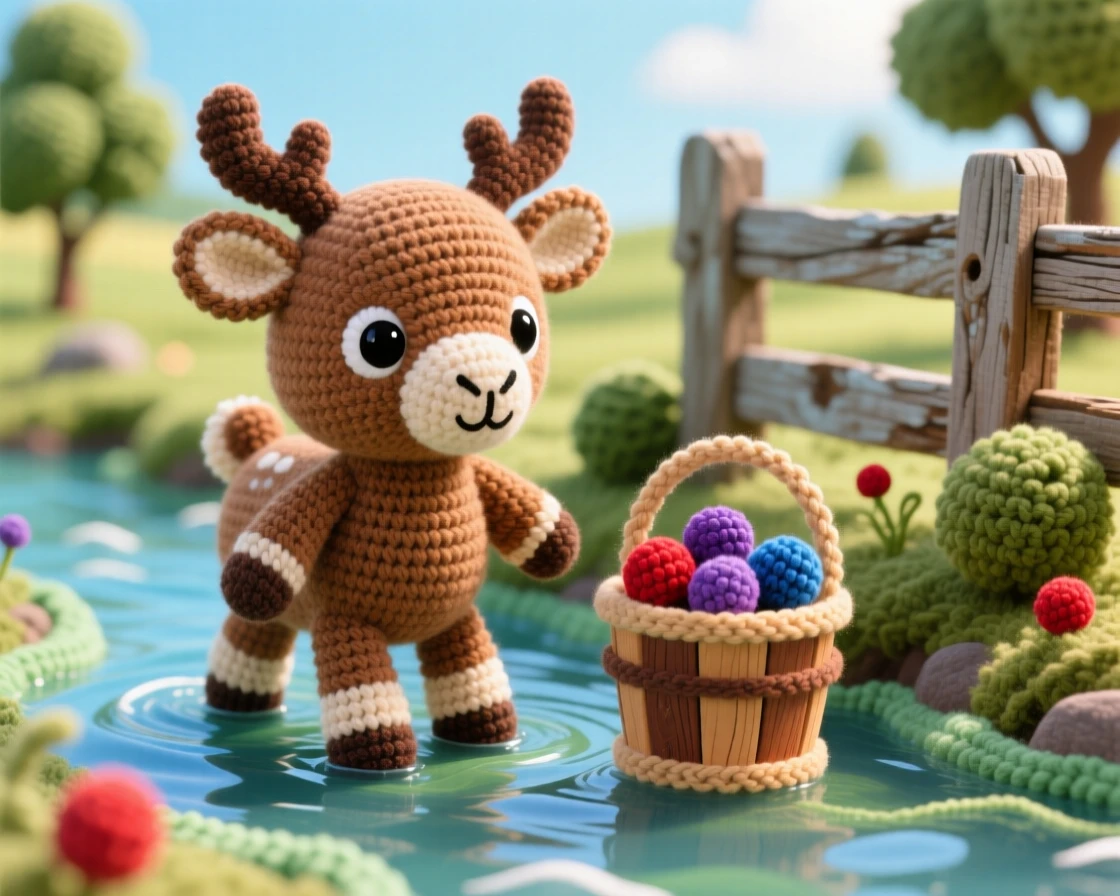 a baby moose calf with knobby legs and small velvet antler buds is shown wading through a shallow forest stream within a sunny farmyard with a weathered wooden fence, accompanied by a small wooden bucket half filled with berries, capturing gentle trust and quiet companionship.