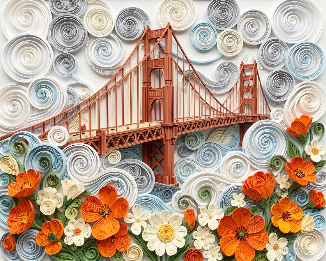 the Golden Gate Bridge emerging from rolling fog, framed by blooming seasonal flowers in the foreground, composed with the landmark as a striking central focal point, in warm terracotta and cream architectural tones.
