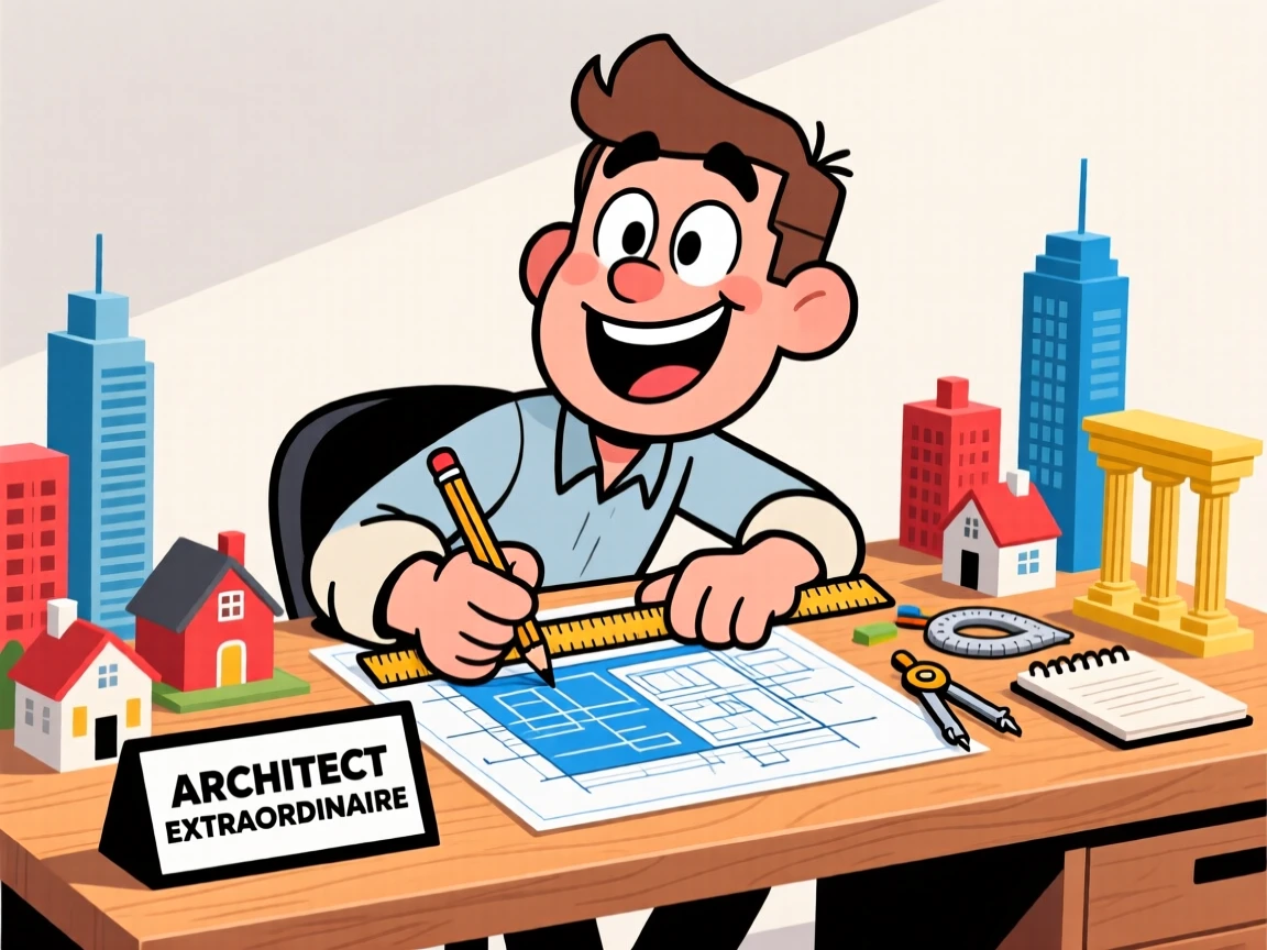 A vibrant profession-themed portrait of a passionate architect sketching blueprints with a ruler, model buildings scattered across the desk.