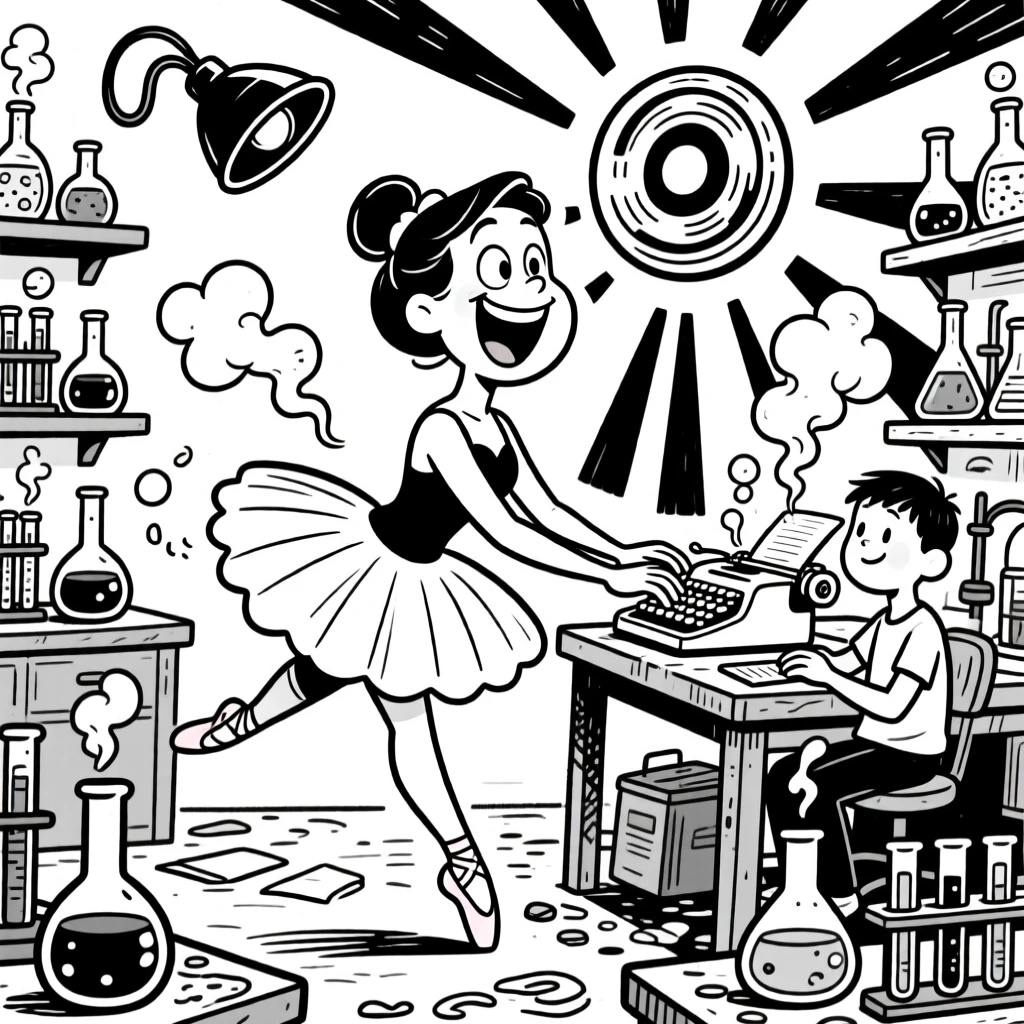 A graceful ballet instructor correcting posture, typing furiously with a triumphant grin, set in a lab cluttered with bubbling test tubes. A siren light spins in the background. There's pride and humor woven into the moment.