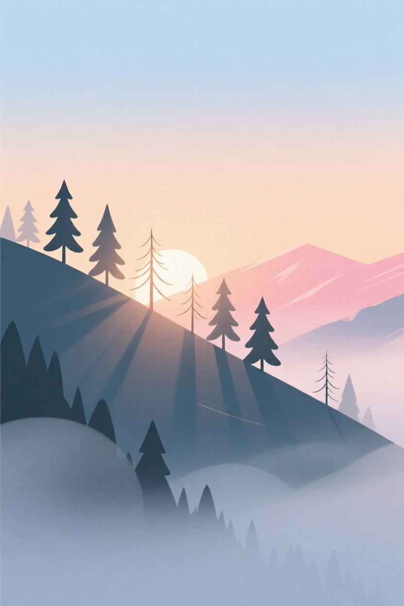 A misty alpine ridge at sunrise with soft light filtering through the tree branches.