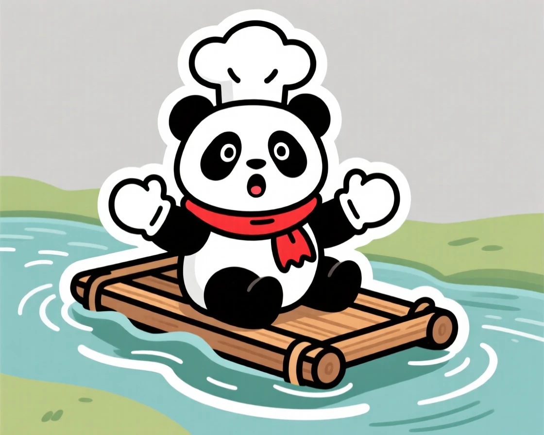 A surprised baby panda dressed as a chef wearing tiny mittens and a scarf, on a raft drifting down a gentle stream.