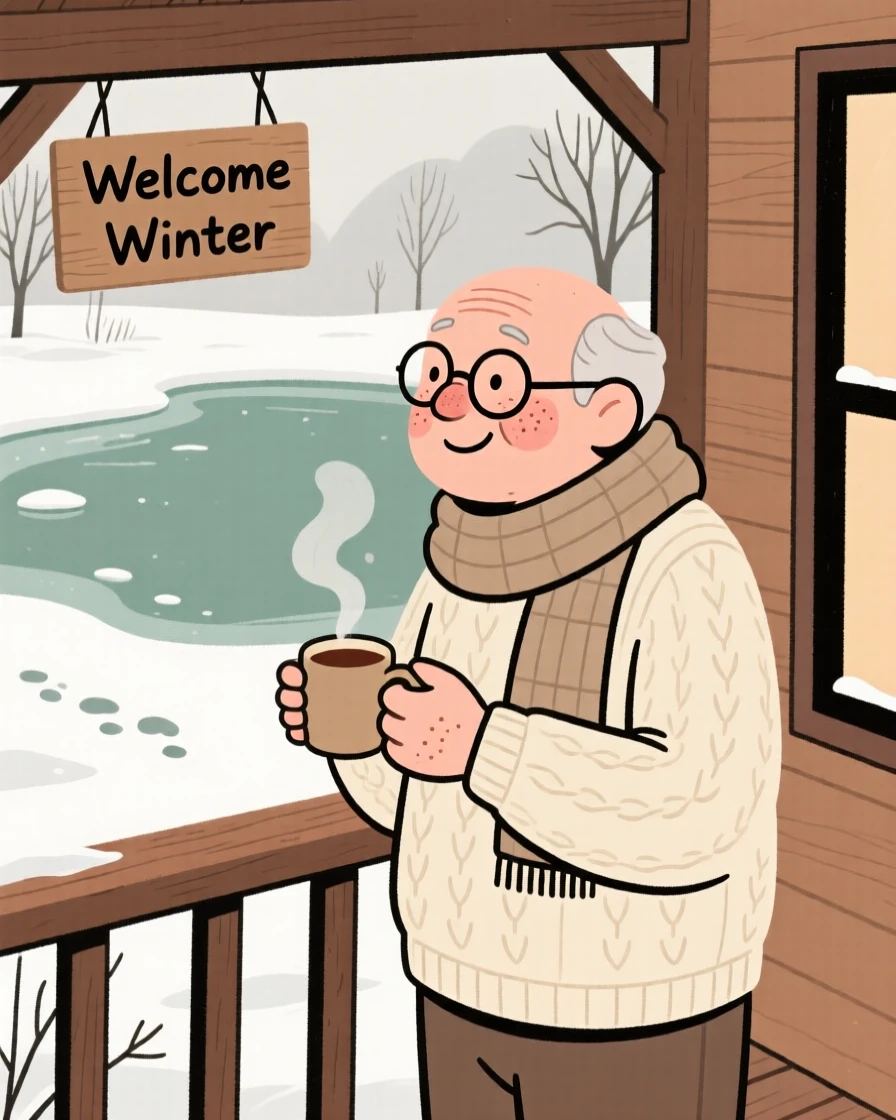 Snow blankets a frozen pond while a elderly man watches from a snug porch, a mug of warm tea warming their hands.