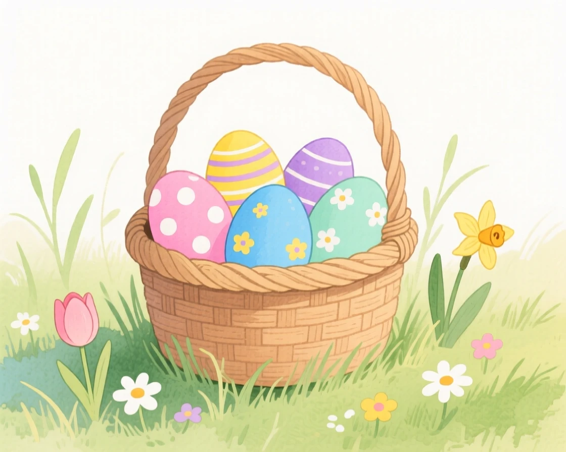 A festive scene of an Easter basket filled with painted eggs in spring grass.
