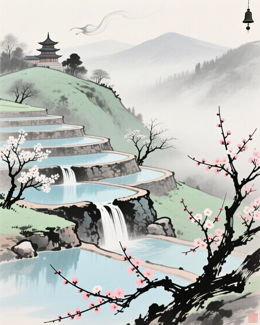 A series of terraced pools cascading down a hillside, with distant temple bells barely audible on the wind, as the last plum blossoms cling to bare branches, suffused with quiet joy.