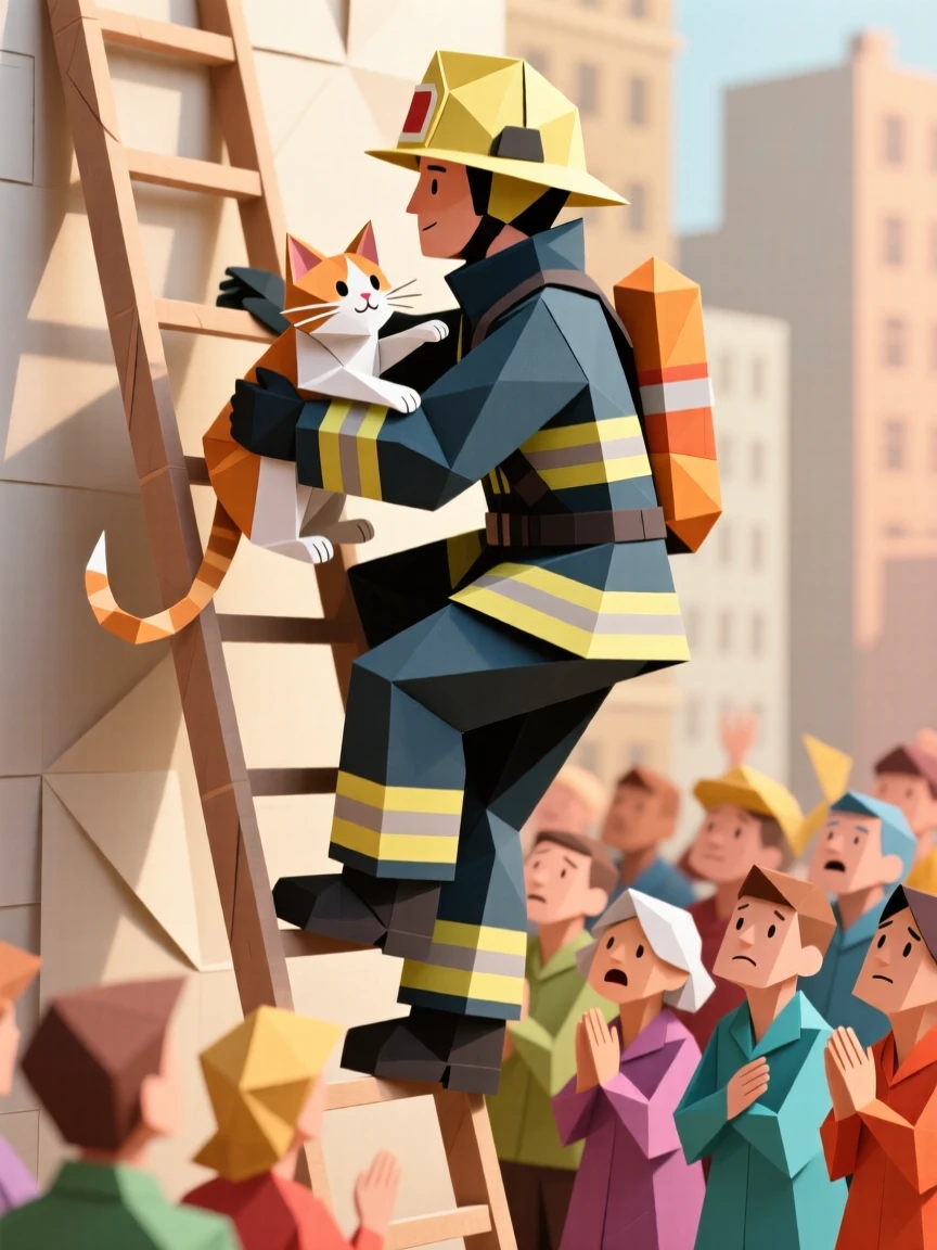 A firefighter character carefully carrying a rescued kitten down a ladder, crowd of onlookers below.