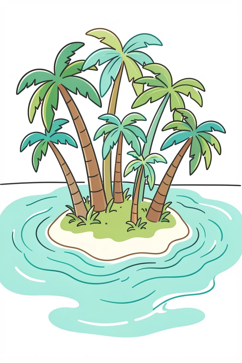 A tropical lagoon with turquoise water surrounding a small palm-covered island.