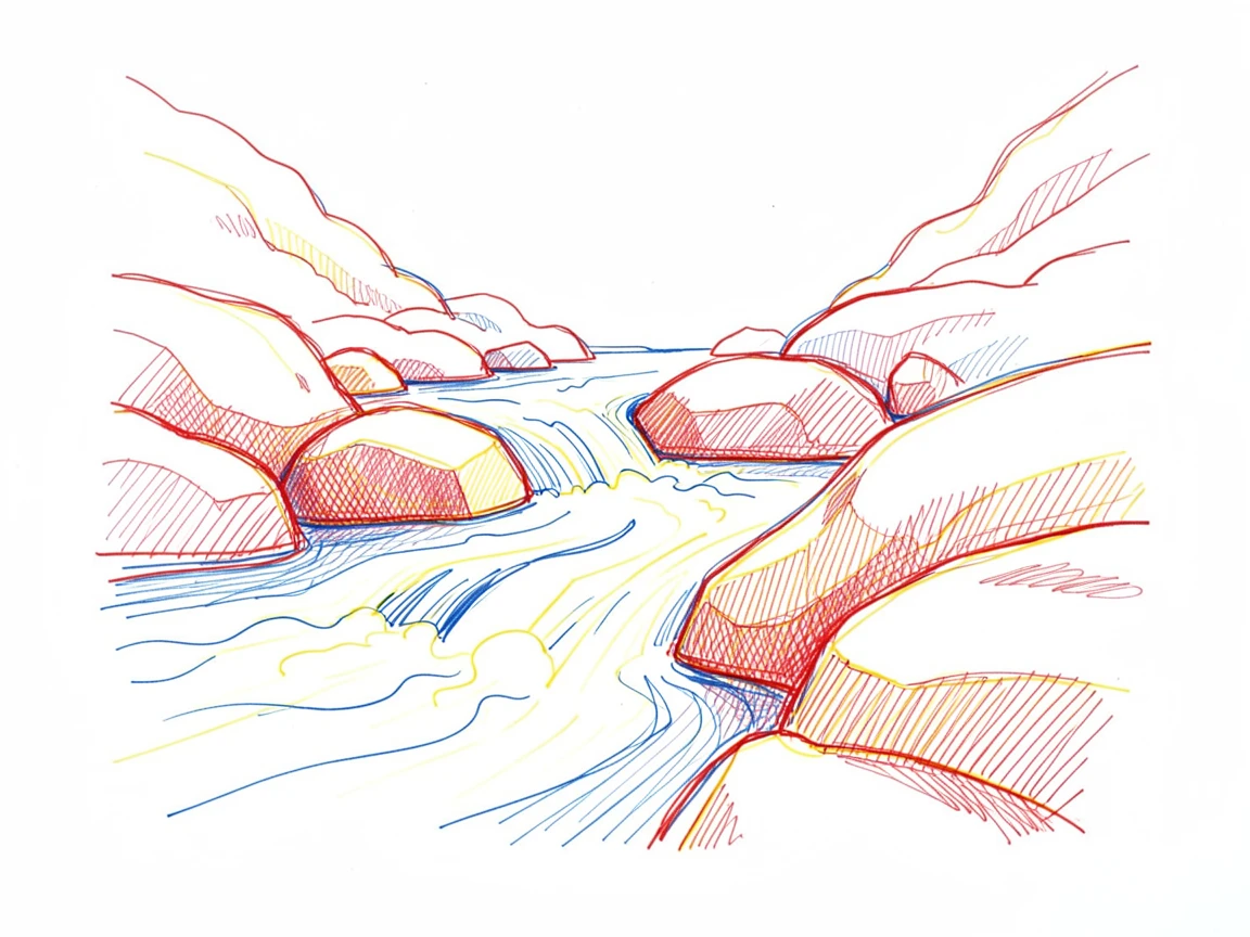 A quiet mountain stream tumbling over smooth granite boulders