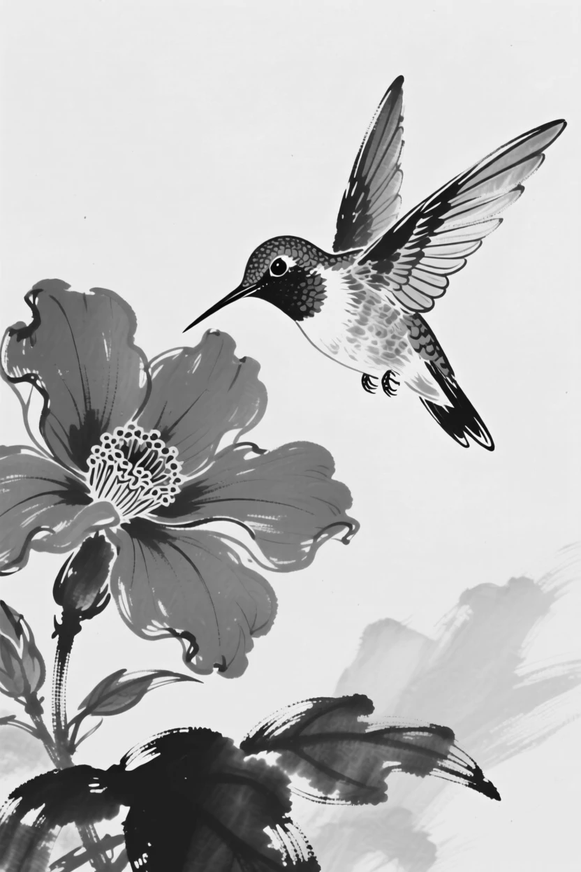 A hummingbird hovering beside a bright red flower, wings a blur of motion.