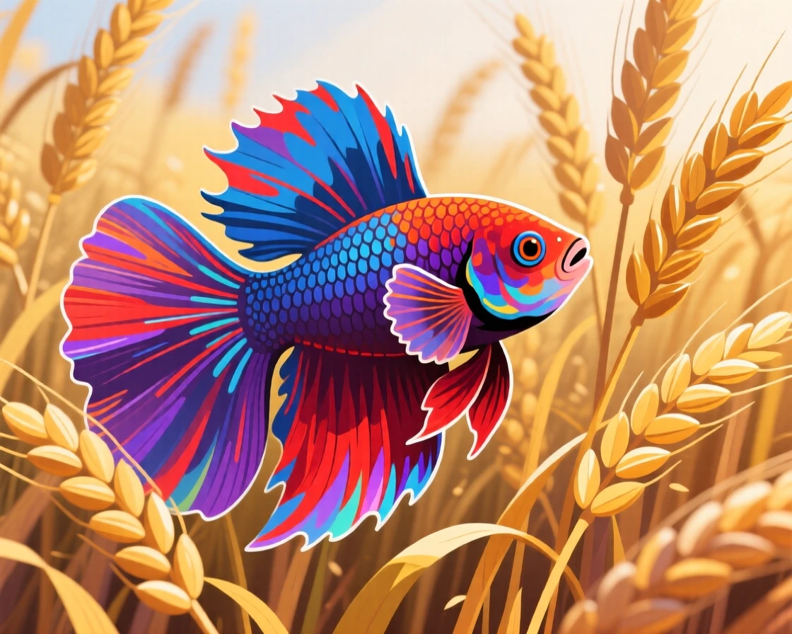A colorful betta fish flaring its fins, nestled in a field of tall golden wheat, shown in close-up detail highlighting texture and expression, with vivid, richly saturated colors that pop.