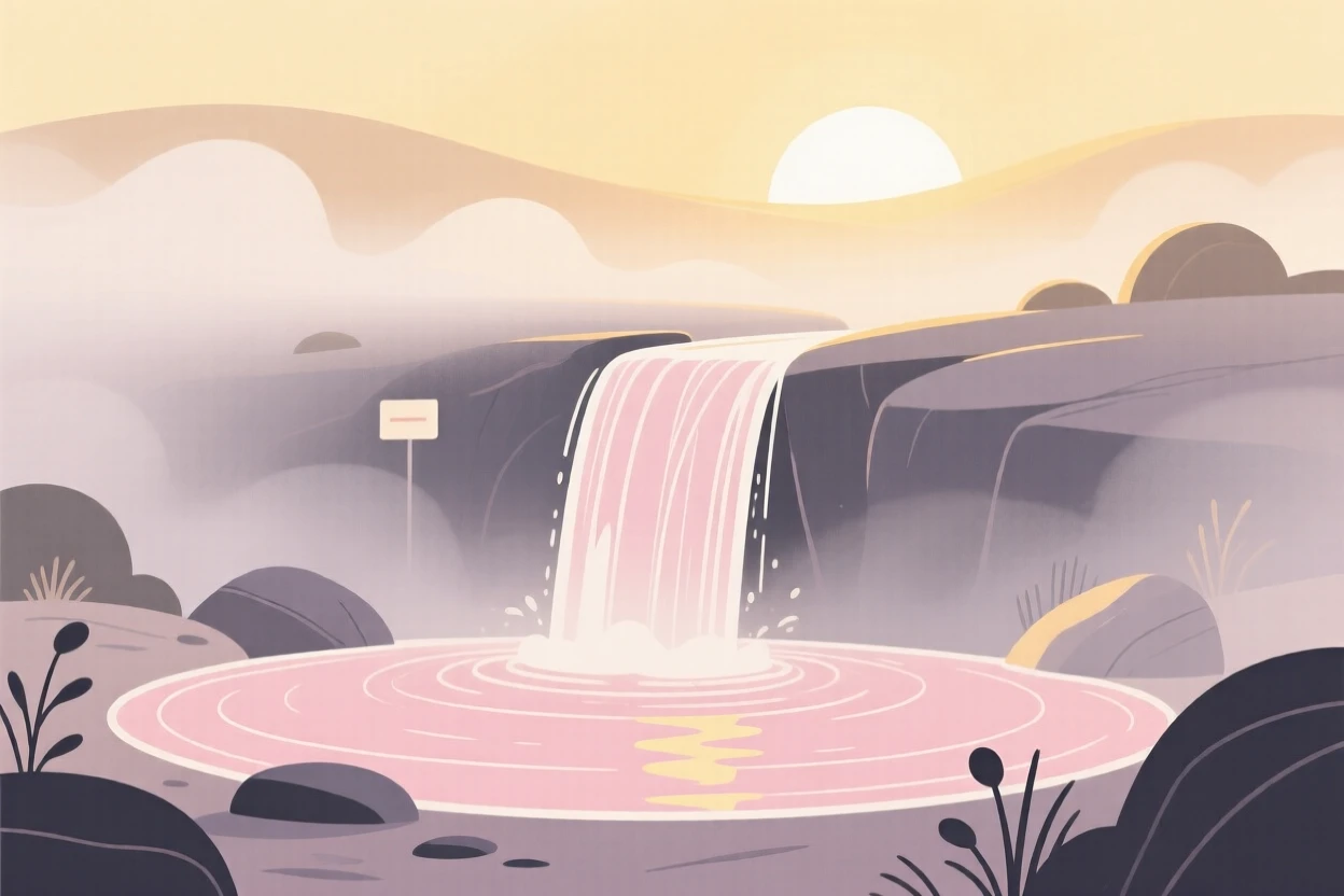 A misty waterfall basin at sunrise with soft light filtering through the rising mist.