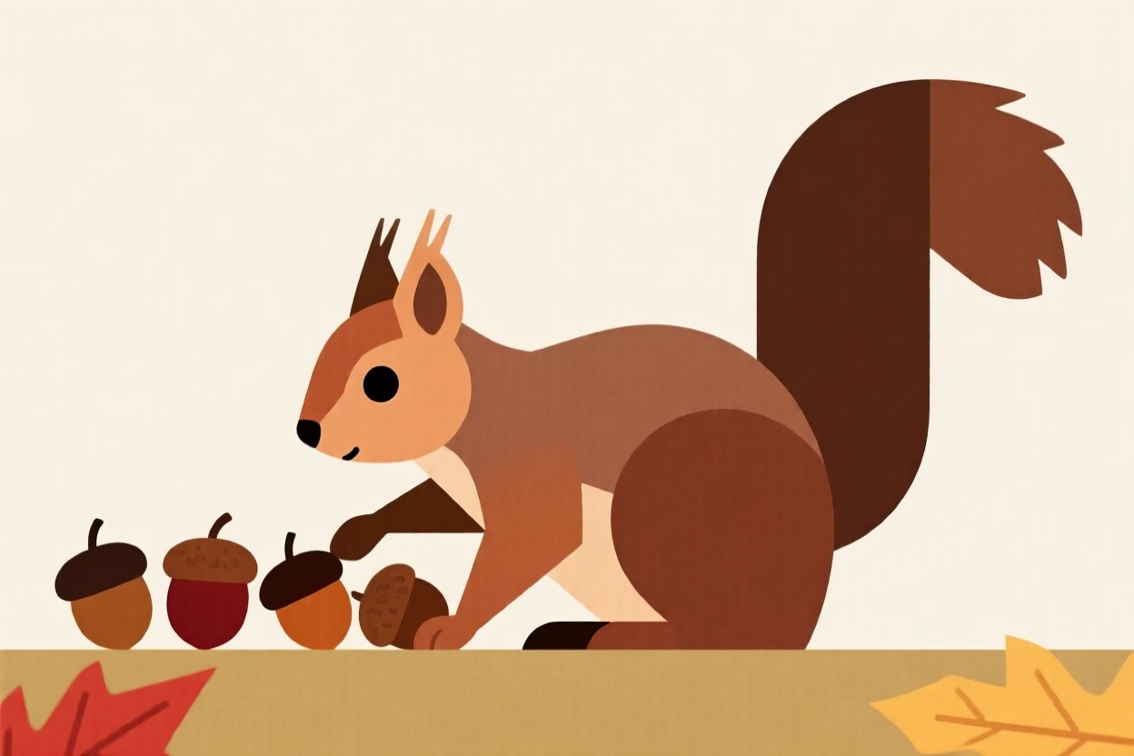 A squirrel gathering acorns in autumn