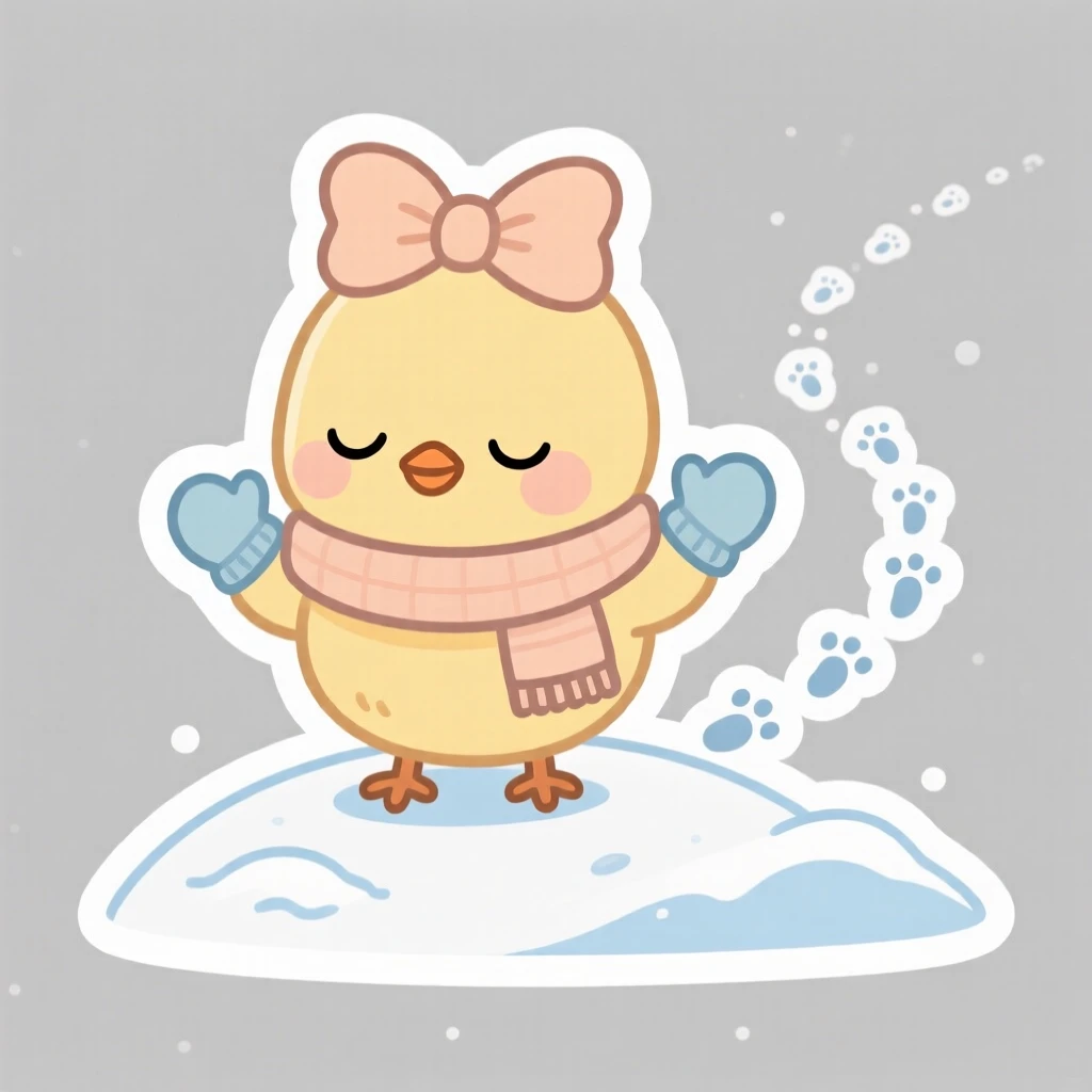 A sleepy baby chick wearing a bow wearing tiny mittens and a scarf, on a snowy hill with tiny footprints trailing behind.