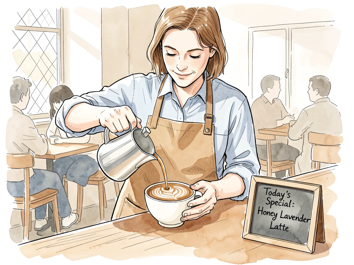 A barista carefully pouring latte art into a ceramic cup at a cozy neighborhood café