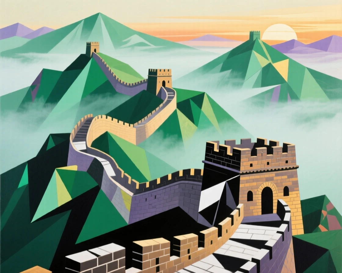 The Great Wall of China winding across misty green mountains at dawn.