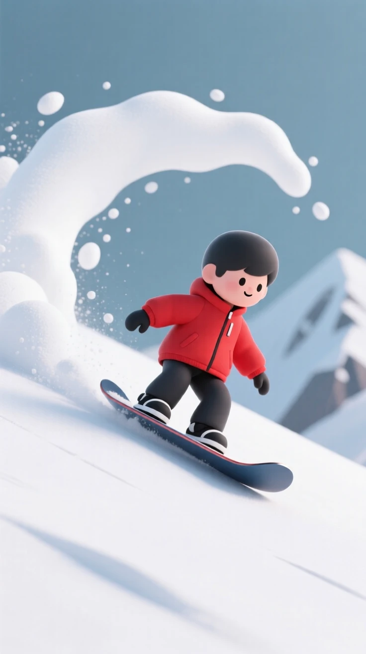 A young snowboarder carves through fresh powder down a mountain slope, spraying snow behind a bright red jacket.