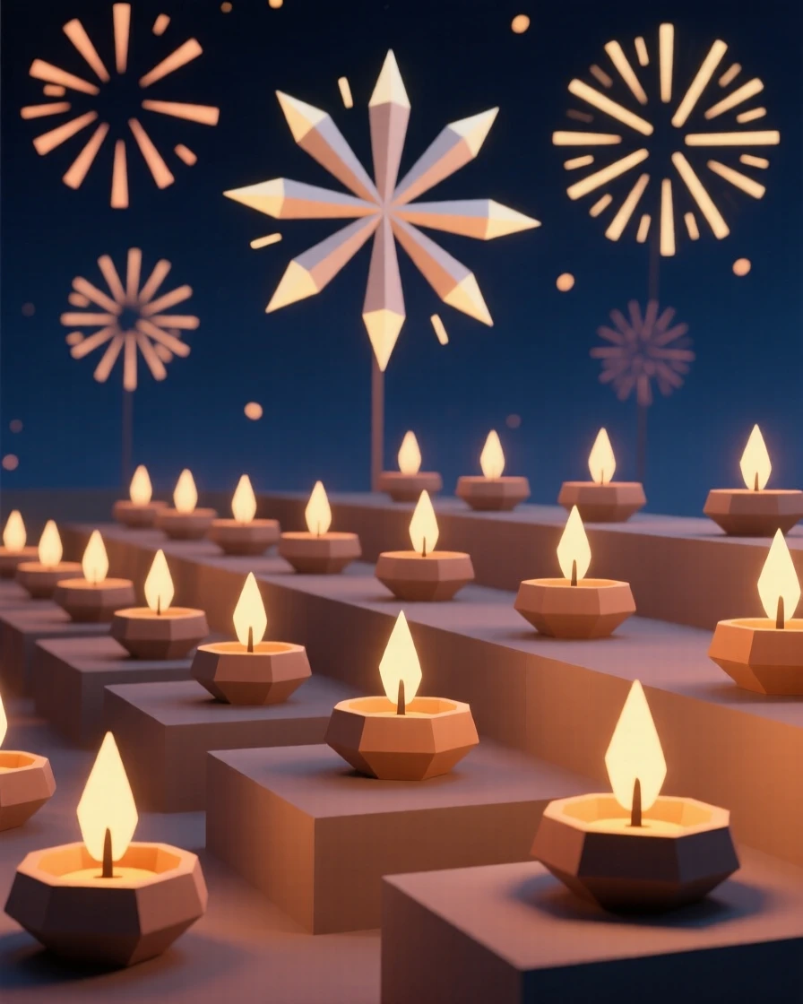A Diwali celebration with rows of glowing oil lamps, beneath a sky full of fireworks. warm glowing lights create a festive ambiance. The moment feels magical and full of wonder.