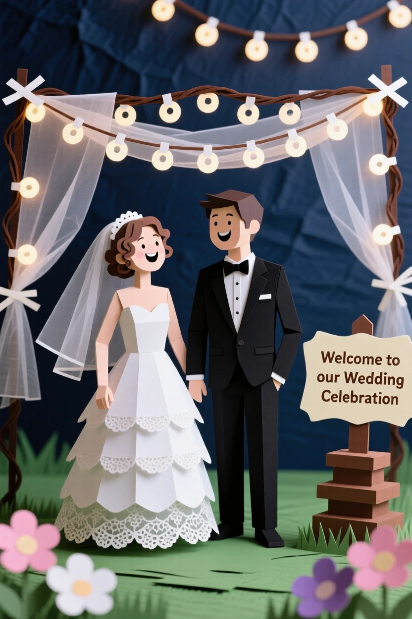 A bride and groom laughing together beneath a canopy of fairy lights at an outdoor evening wedding, capturing joyful celebration and love.