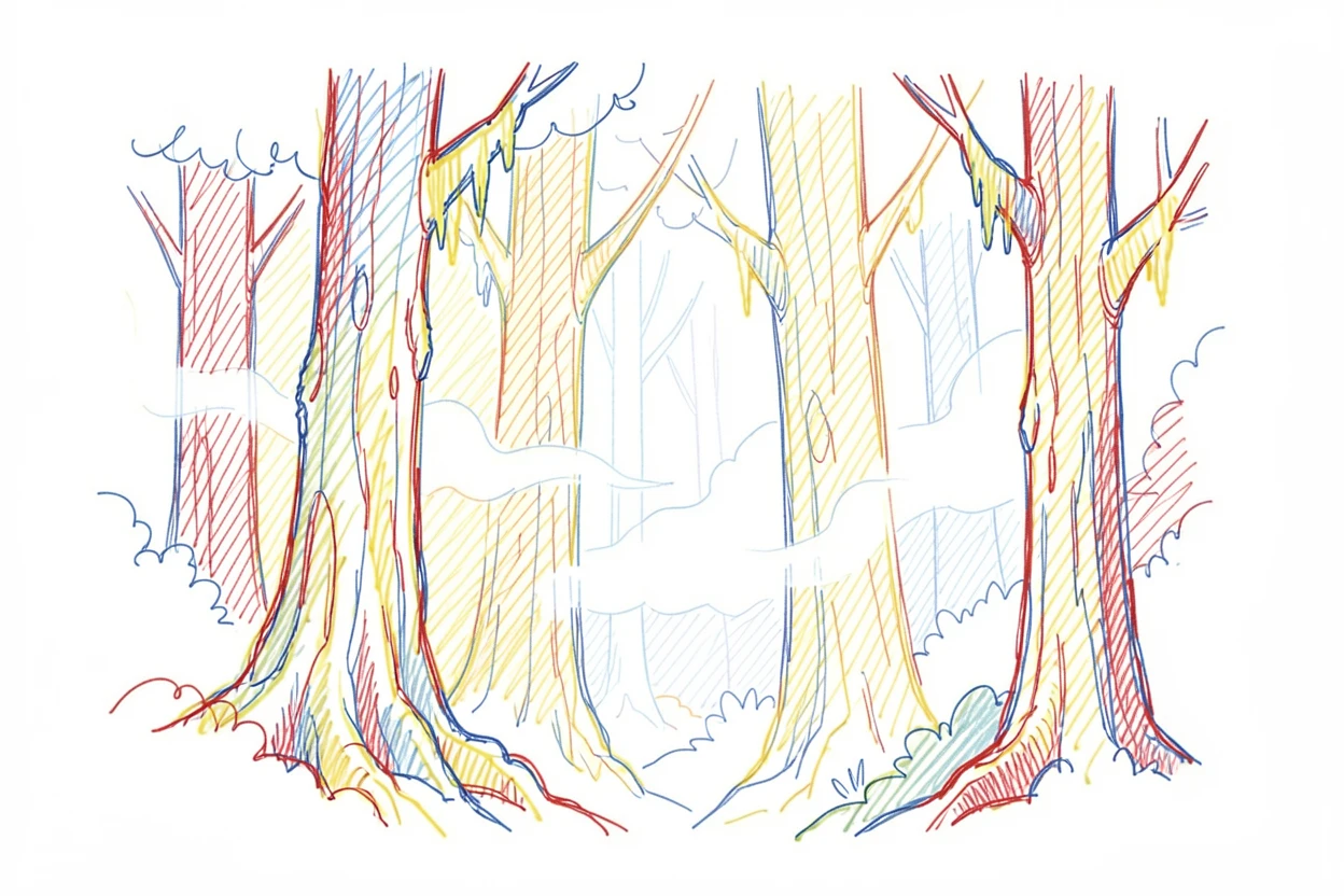 A dense cloud forest with moss-draped trees and mist drifting between trunks