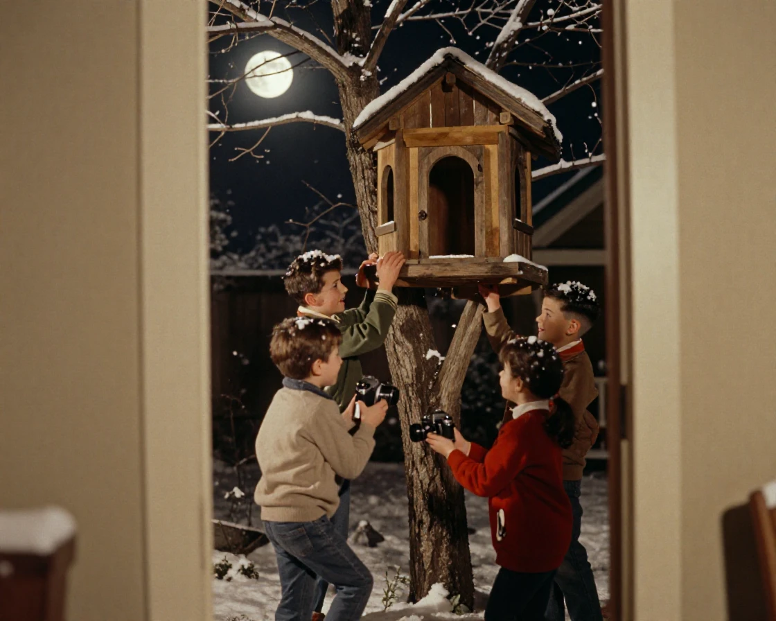 A group of children building a treehouse together, under moonlight, in still, windless air, under the first snow of winter, in warm honey and cream tones, framed through an open doorway.
