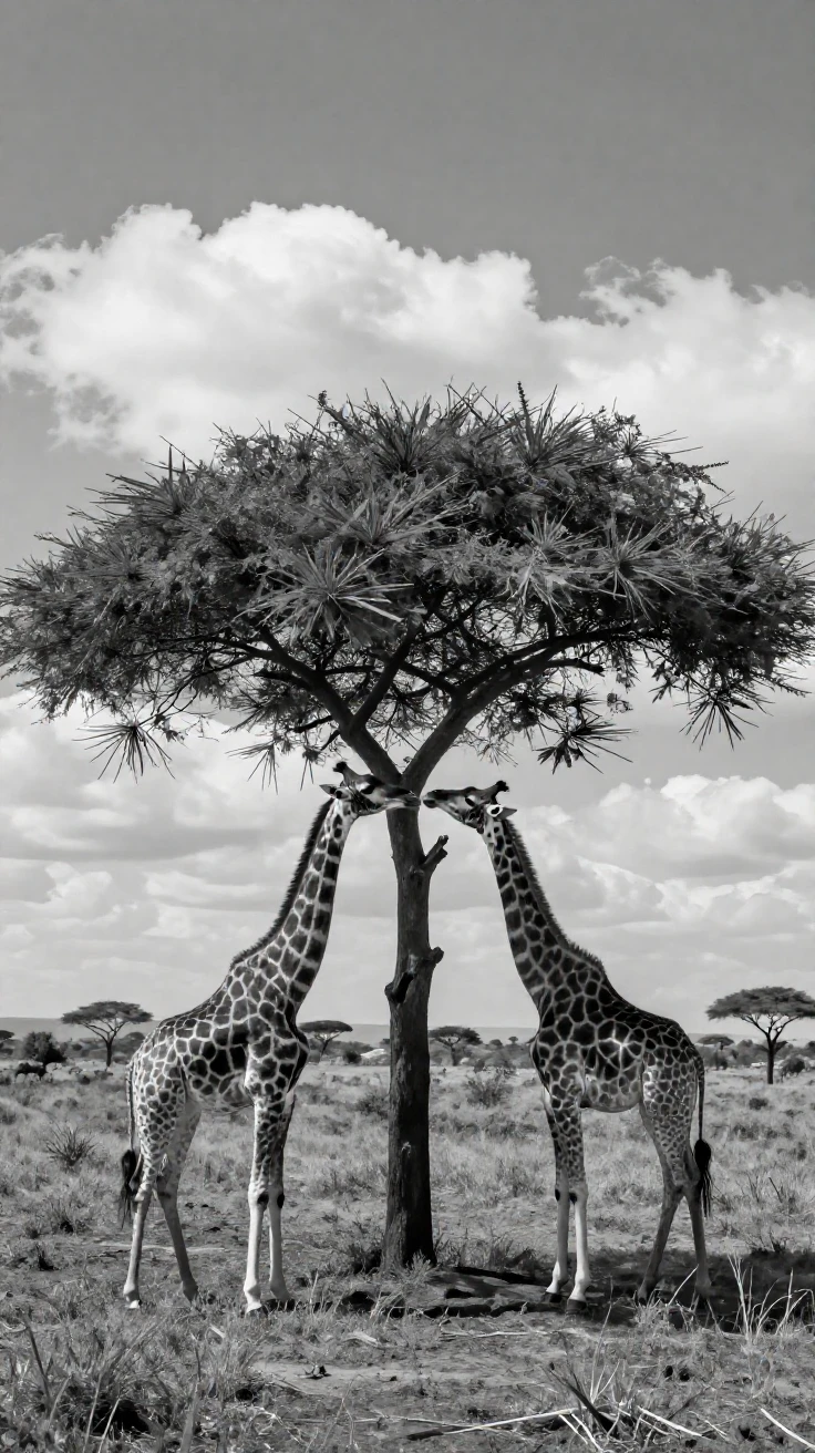 A pair of giraffes reaches for leaves atop a tall acacia tree across an open sunlit plain.