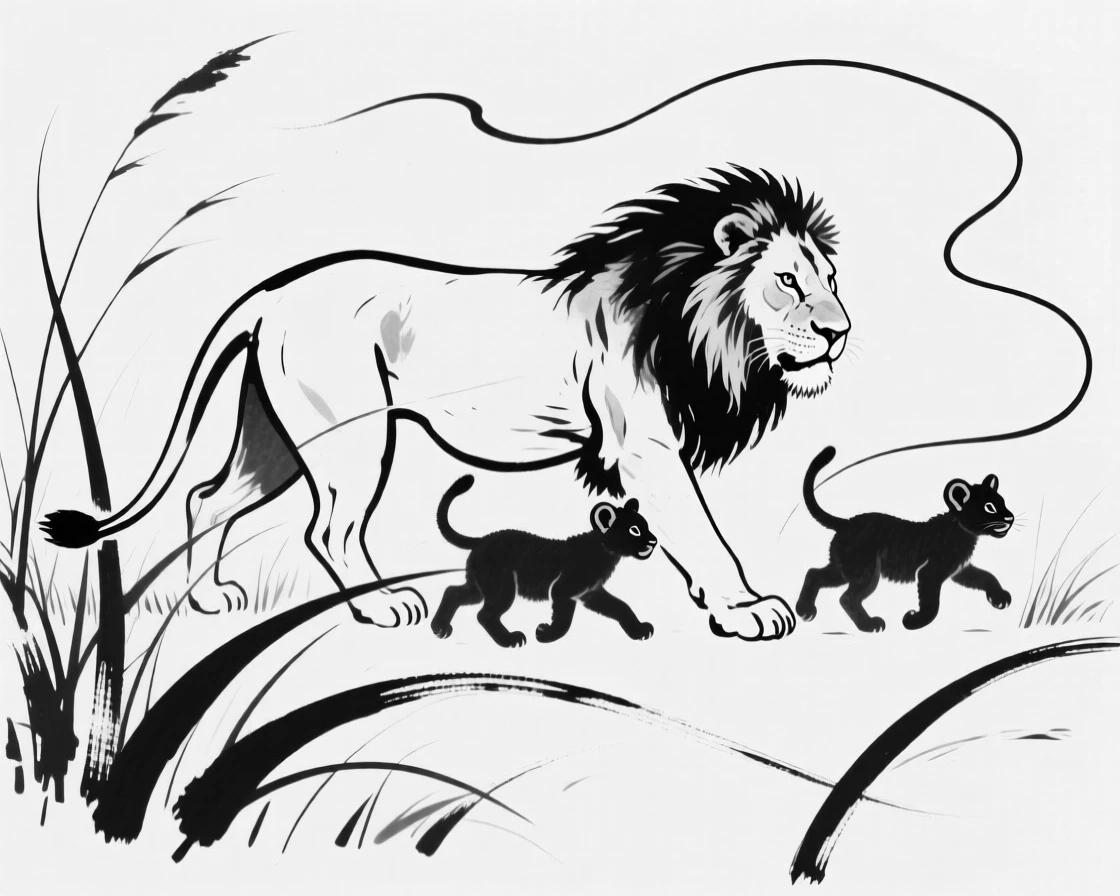 A lioness teaching her cubs to stalk through tall grass.