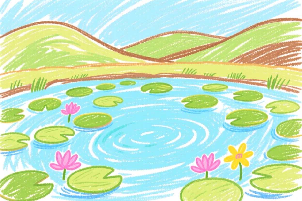 A view of a quiet pond covered in lily pads framed by distant rolling hills.
