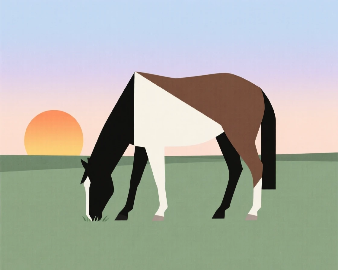 A horse grazing in an open pasture at sunrise
