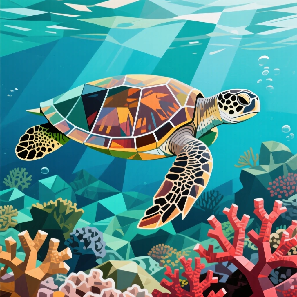 A sea turtle gliding gracefully over a coral reef in crystal clear water.
