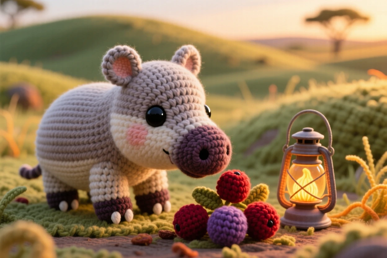 a baby tapir with a short flexible snout is shown sniffing at a cluster of fallen berries within a rolling savanna at golden hour, accompanied by a small lantern glowing warmly beside it, capturing cheerful energy and boundless enthusiasm.