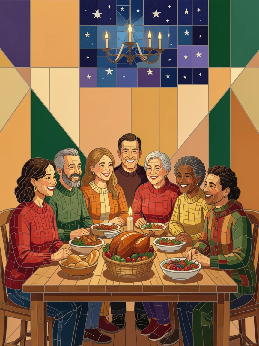 A family gathered around a table for a warm holiday dinner.
