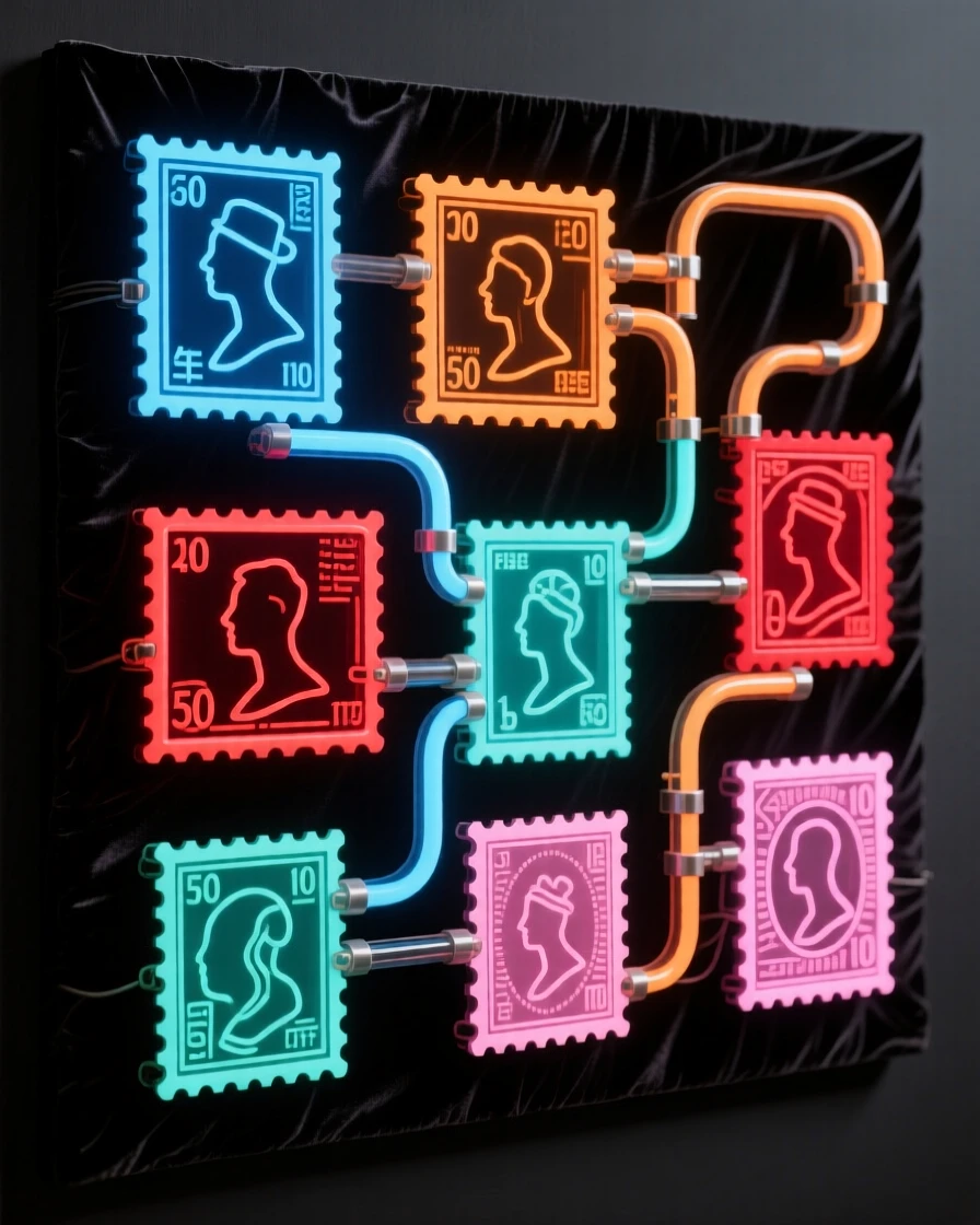 A collection of vintage postage stamps arranged on black velvet.