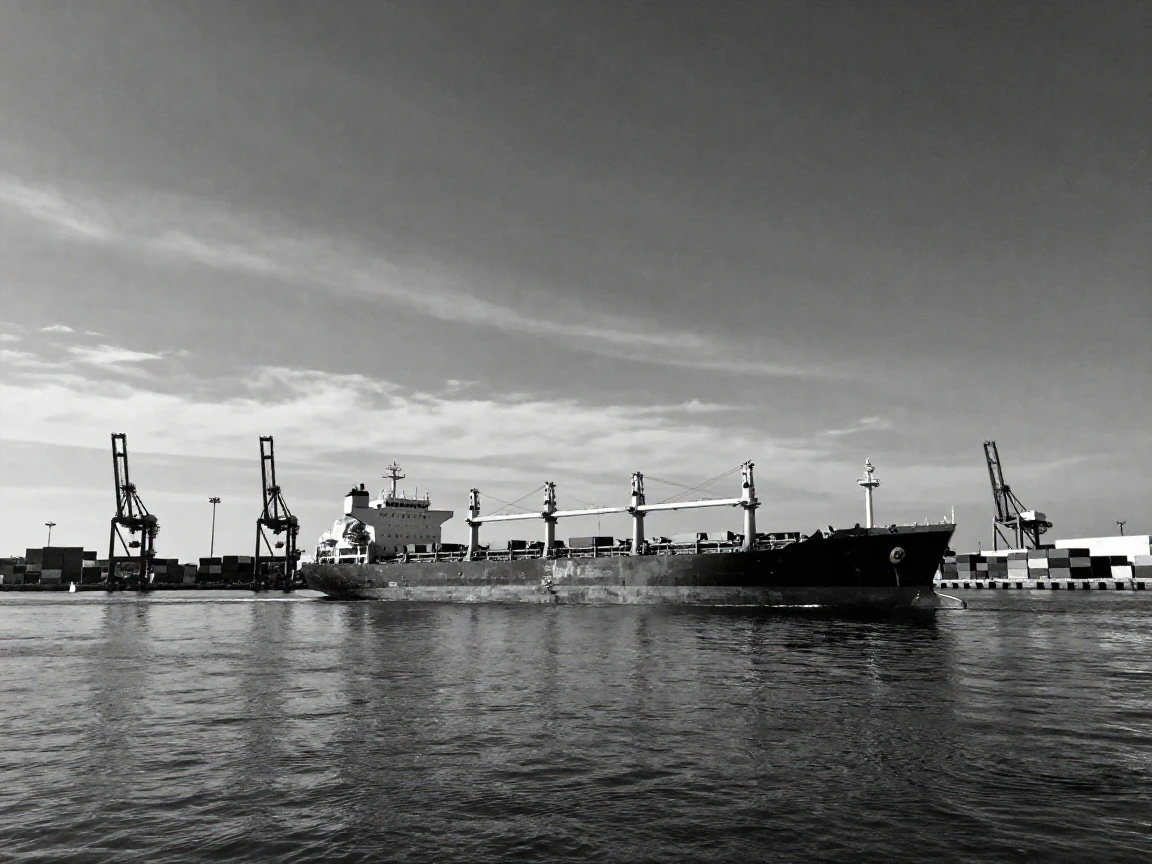A cargo ship crosses a vast open harbor into a busy port.