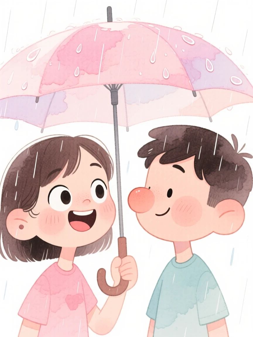 Two best friends turned sweethearts sharing an umbrella in a gentle rain shower