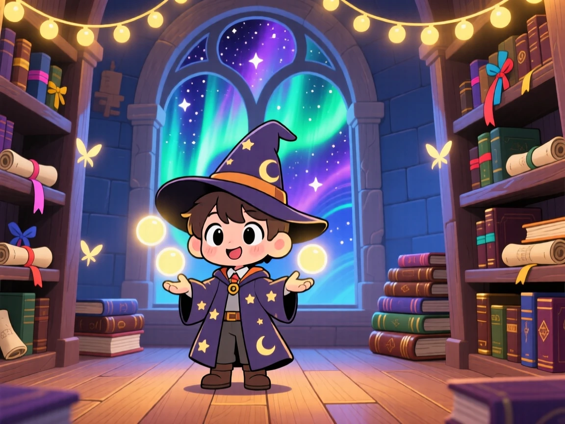 A wizard apprentice juggling glowing orbs of light, framed as a symmetrical front-on view within a tower study filled with scrolls, beneath swirling aurora-lit skies, glowing under warm fairy-light glow, evoking eager anticipation.