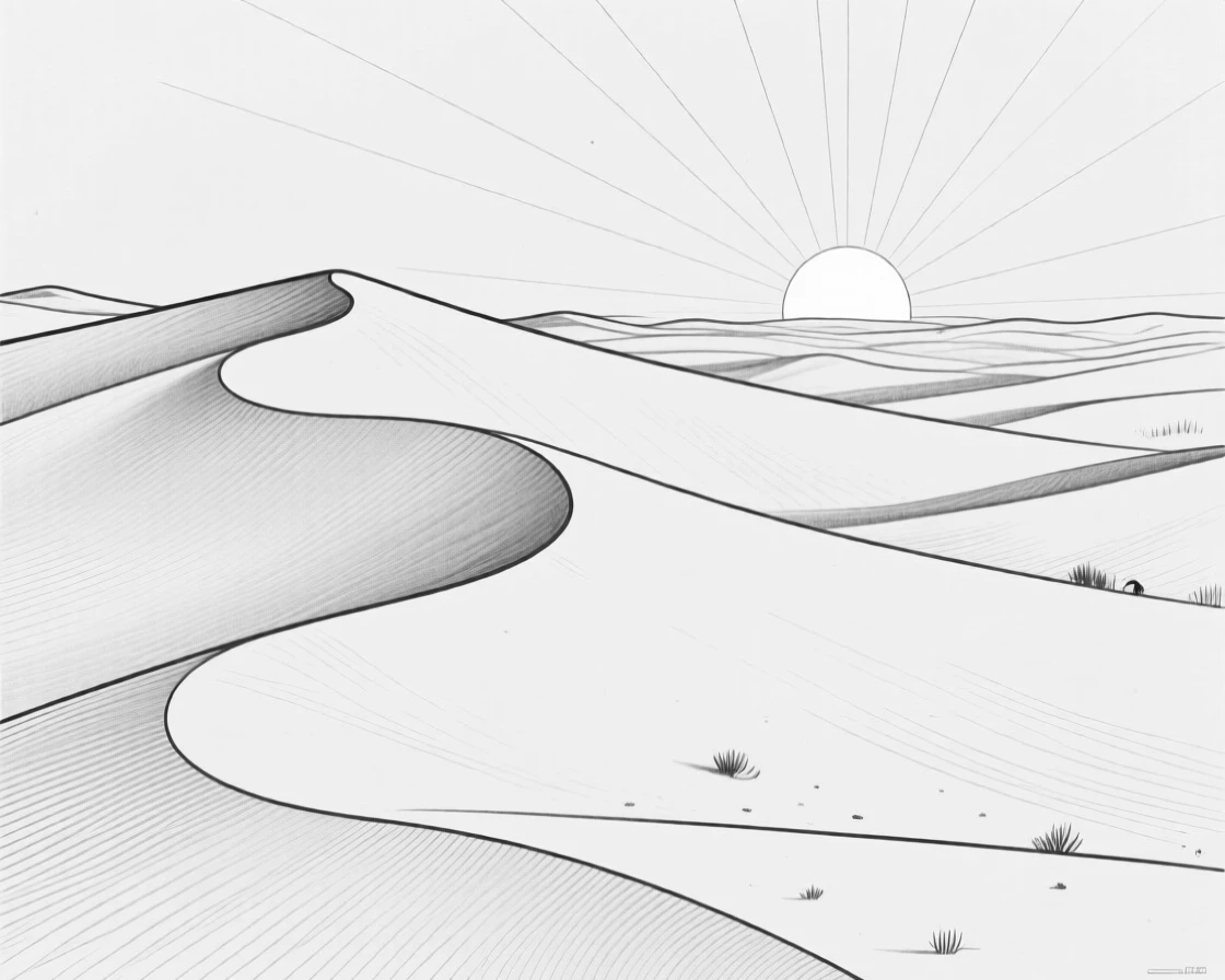 A desert landscape with towering sand dunes at sunrise