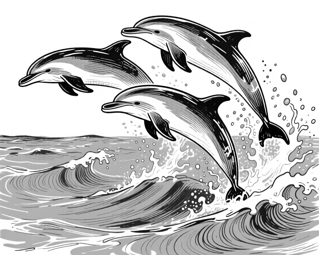 A pod of dolphins leaping playfully out of turquoise ocean waves.