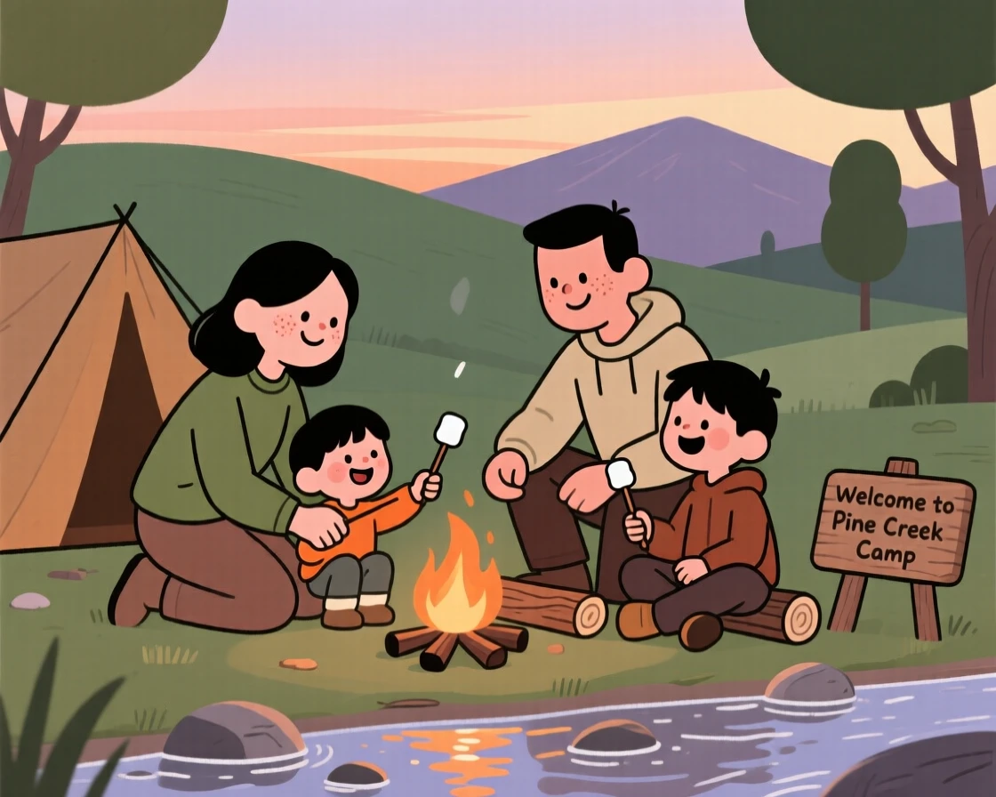A family sets up camp beside a gentle stream as the last light of day fades behind the mountain ridge, roasting marshmallows around a small fire.