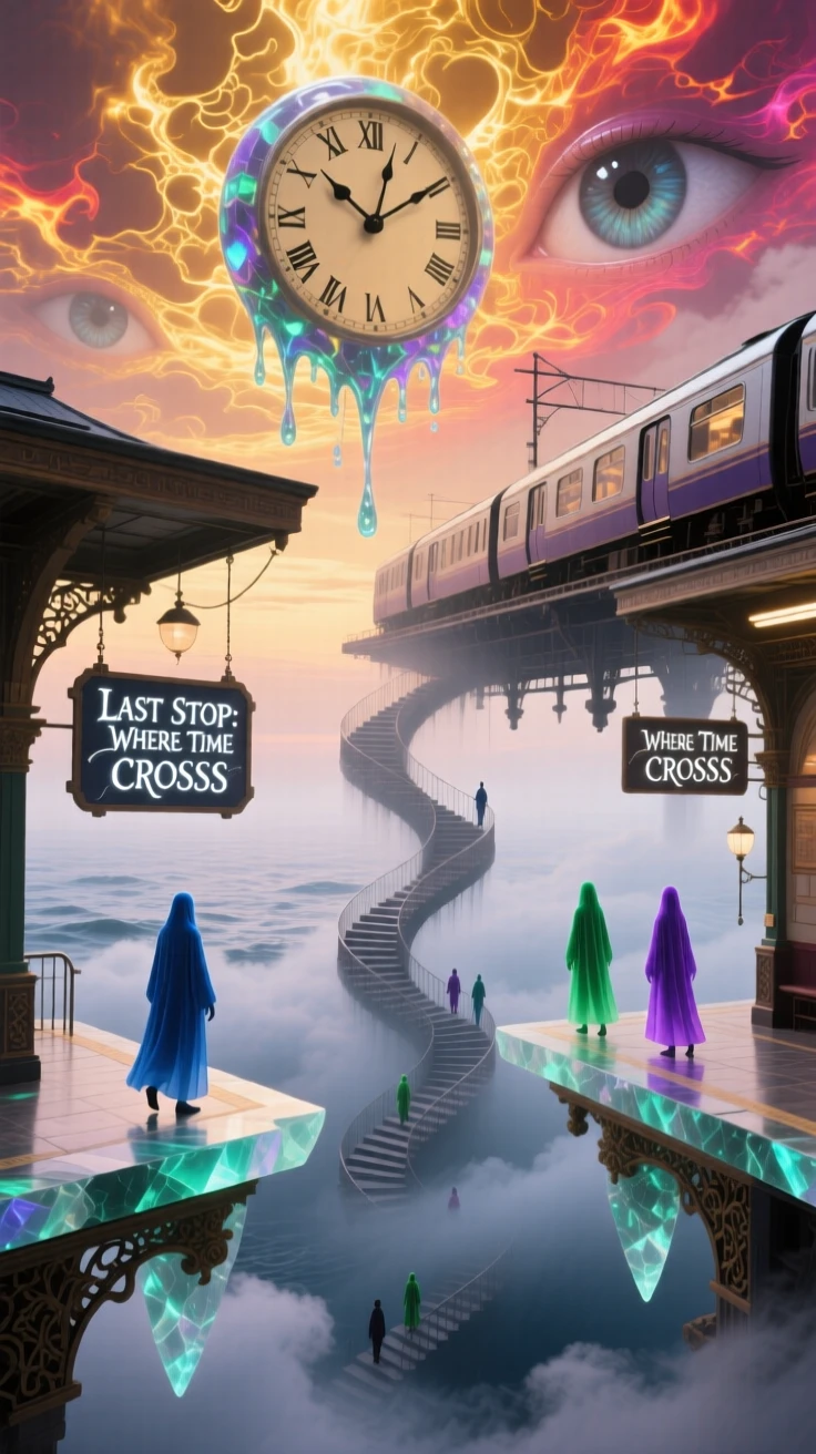 A train station with platforms suspended in mist sits quietly at the edge of an endless staircase, while tiny figures walk along its impossible edges.