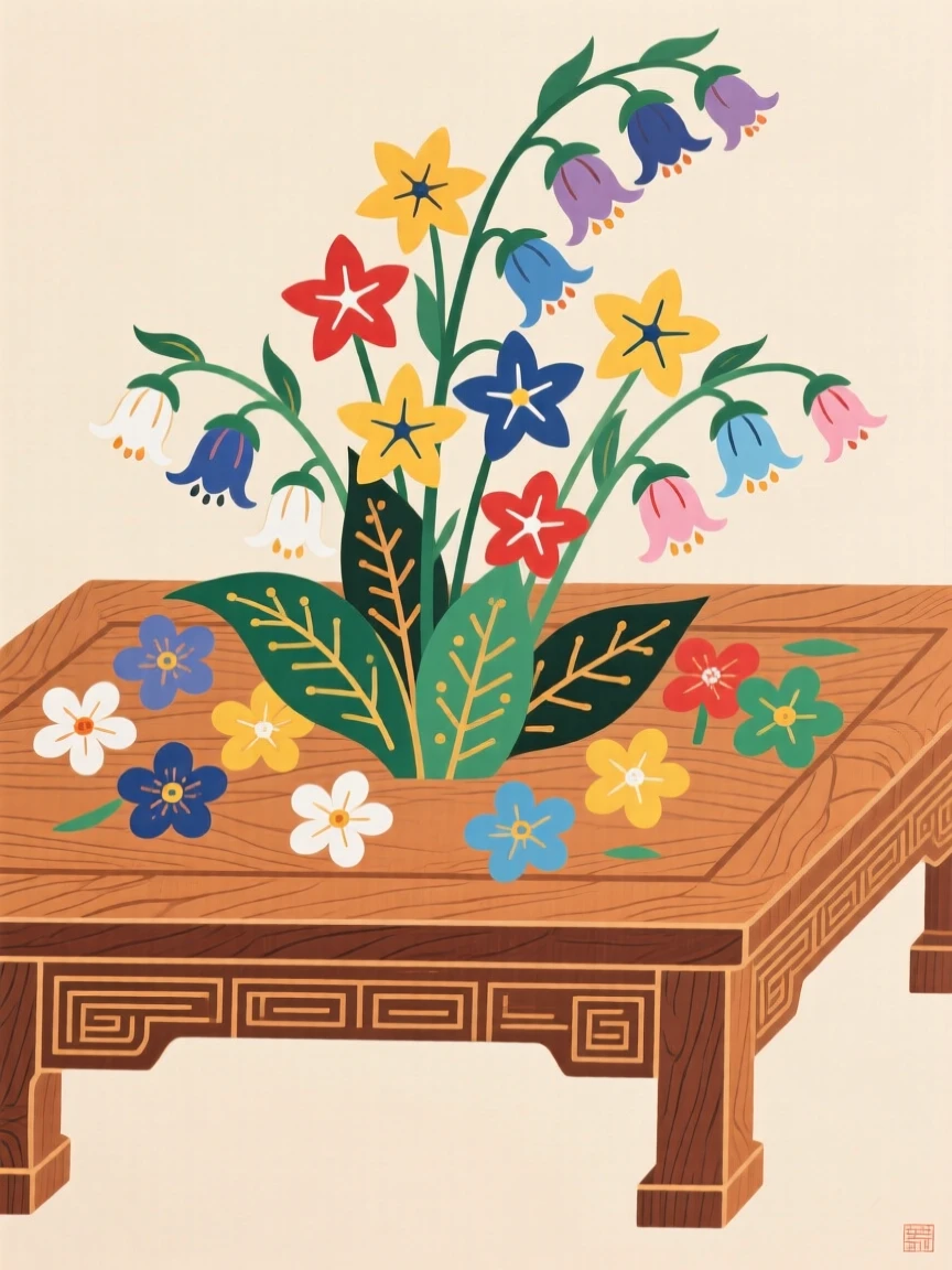 A still arrangement of a cluster of bellflowers scattered across a low wooden table.