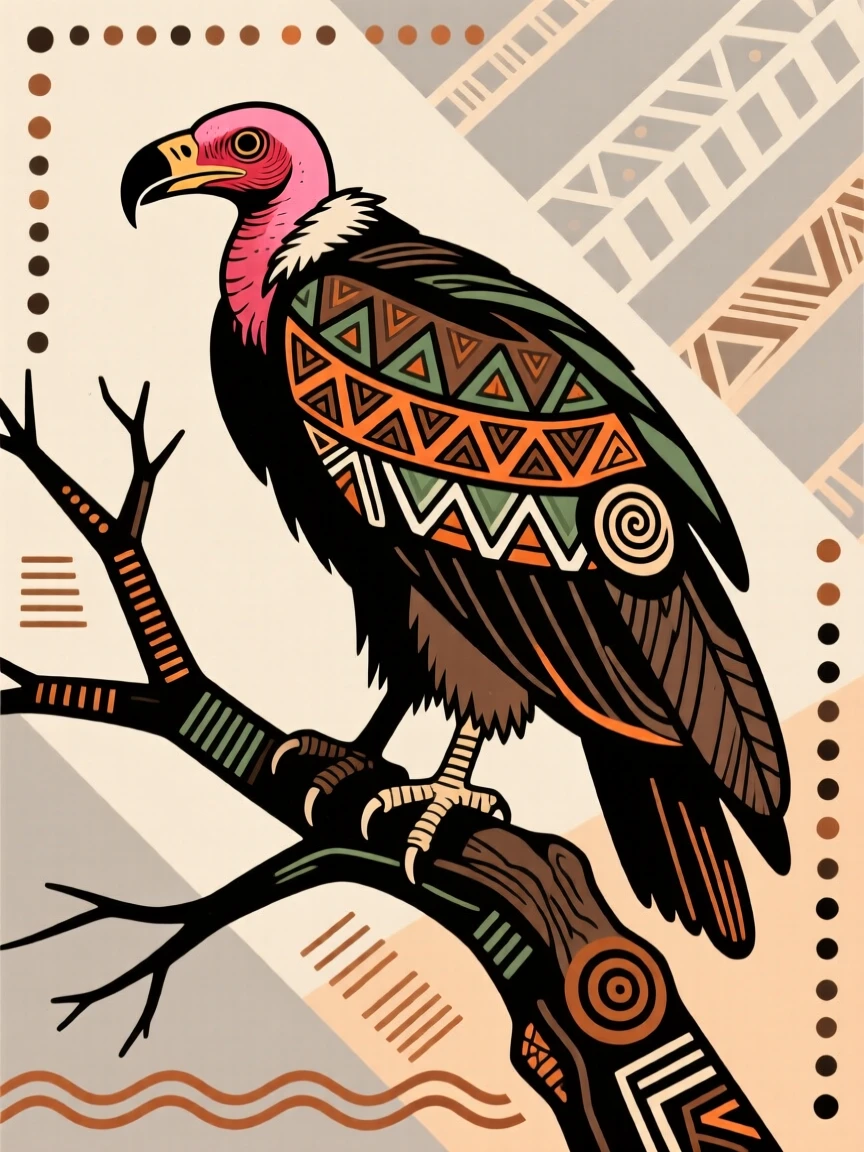 A lappet-faced vulture perched on a dead tree branch.